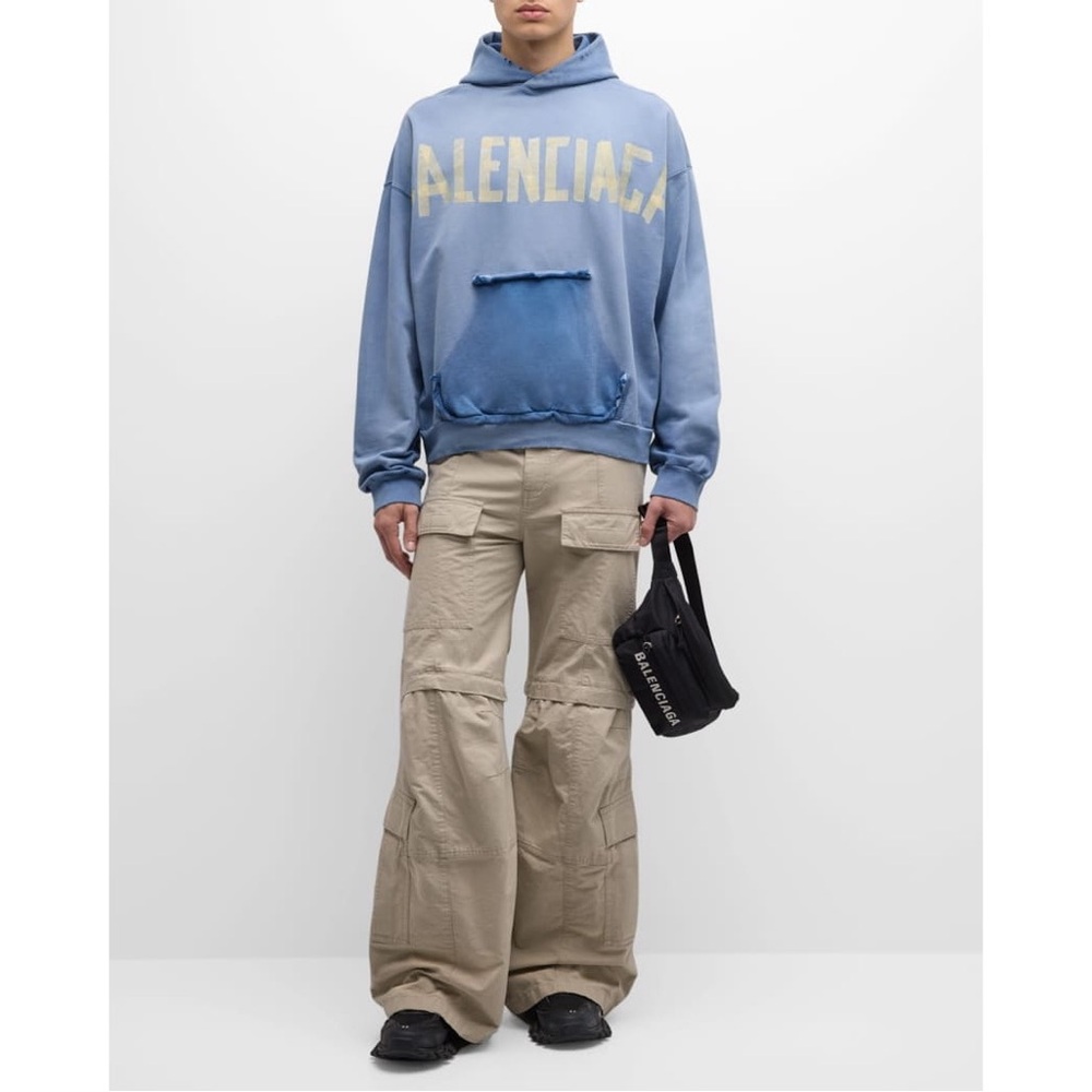 Balenciaga Men's Logo Tape Distressed Ripped Pocket Hoodie Oversized Faded Blue - Picture 3 of 15
